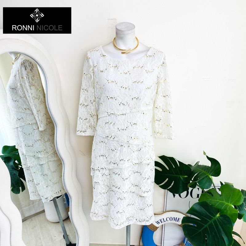 ไซด์ XL แบรนด์ Ronni แท้100%🌸เดรส แต่งระบายชั้นๆ คลุมเข่า ลูกไม้ Luxury งานเกล็ดวิบวับ พรีเมี่ยม สีขาว เดรสออกงาน