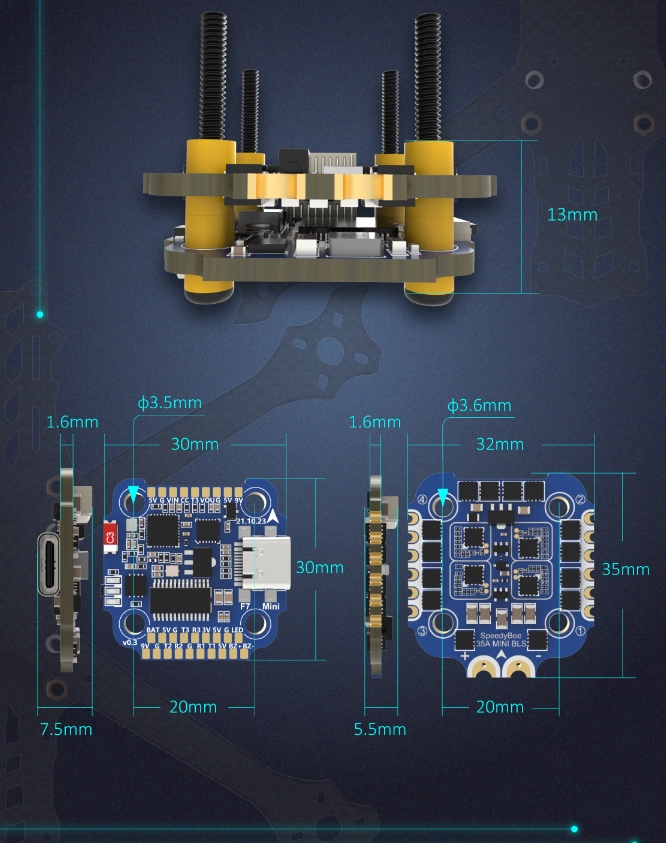 [STACK 20X20] SpeedyBee F7 Mini 35A 3-6S 8-bit บอร์ดคอนโทร และ สปีด ขนาด 20x20