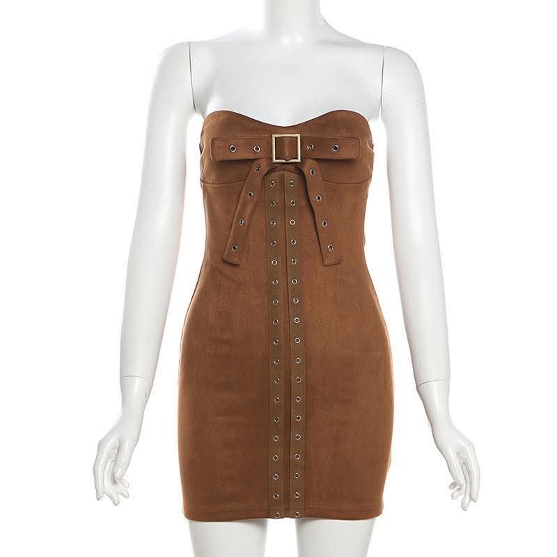 เดรสเกาะอก น้ำตาล โบว์หน้า รหัส CN50556 พร้อมส่ง