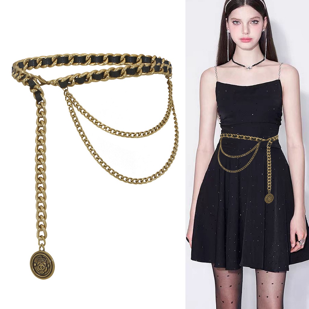 เข็มขัดคล้องเอว โซ่คล้องเอว สีดำ-ทอง ประดับพู่ยาว หรูหรา สําหรับผู้หญิง