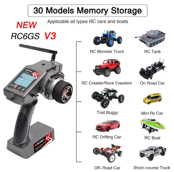 Radiolink RC6GS V3 - 2.4GHZ 7CH with R7FG Receiver รีโมท รถ เรือ พร้อมรีซีฟ กันน้ำ มีไจโรในตัว คลื่นไกล พร้อมส่งข้อมอูลแบต มาบอกที่รีโมทได้