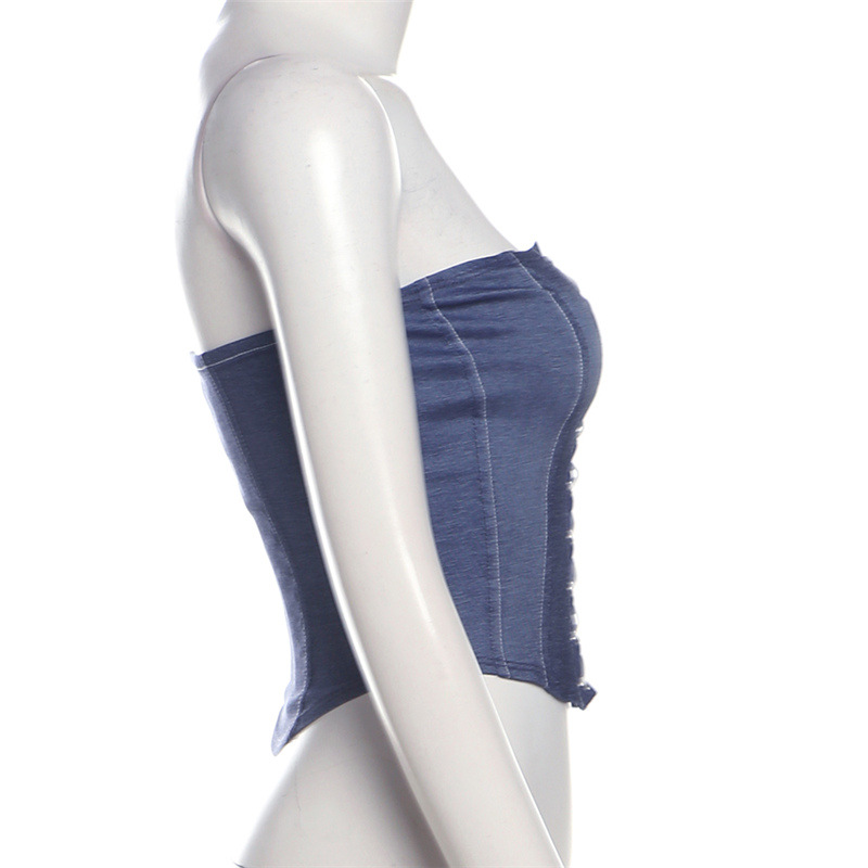 เสื้อเกาะอก ครอปสียีนส์ ถักหน้า รหัส CN57388