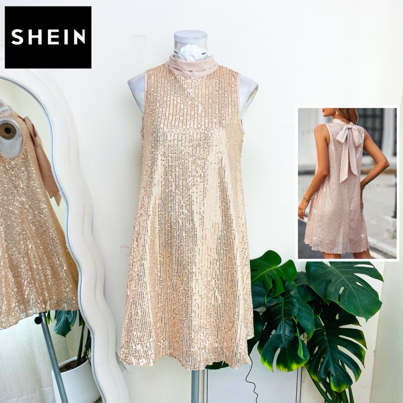 ไซด์ L แบรนด์ Shein แท้ 100%🌸เดรส ผูกโบว์หลัง งานเกล็ดวิบวับ สีโรสโกล ใส่ออกงาน ทรงเข้ารูป เดรสออกงาน ชุดปาร์ตี้(3)