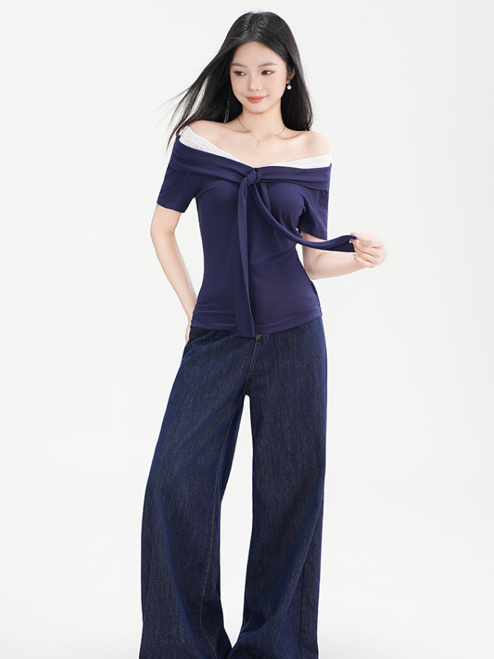 ส่งด่วนในไทย เสื้้อครอป ปาดไหล่ แต่งลูกไม้ พร้อมส่ง CN6904