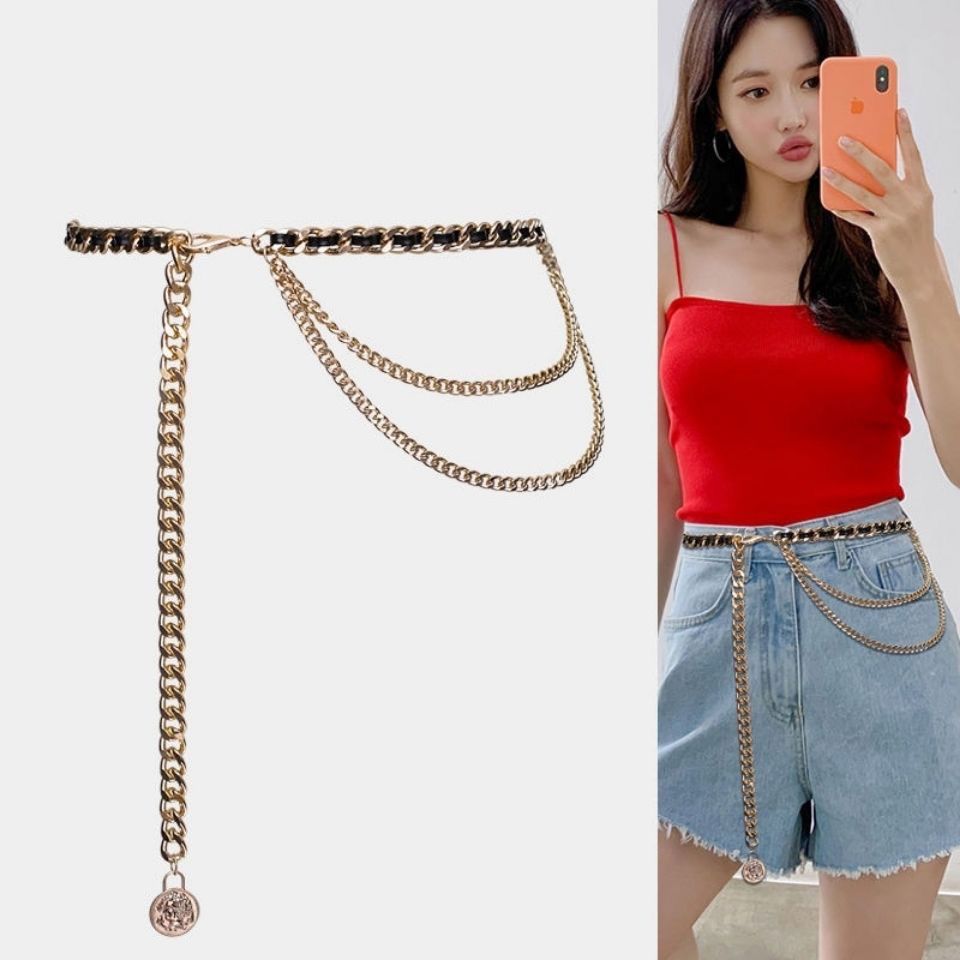 เข็มขัดคล้องเอว โซ่คล้องเอว สีดำ-ทอง ประดับพู่ยาว หรูหรา สําหรับผู้หญิง