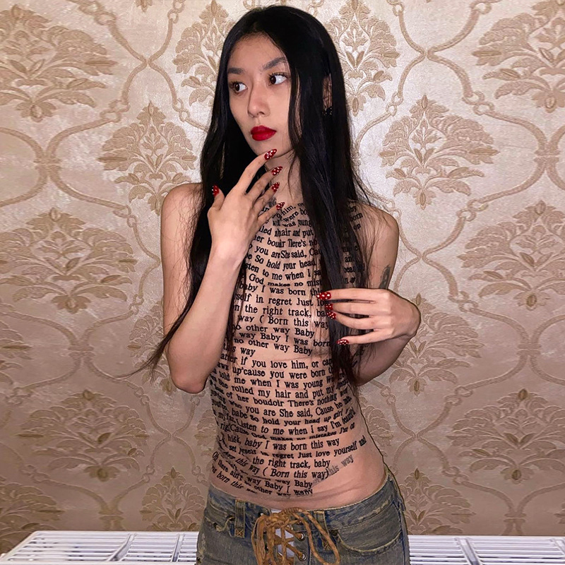 เสื้อซีทรู แขนกุด ลายอักษร เซ็กซี่ พร้อมส่งในไทย CN2492