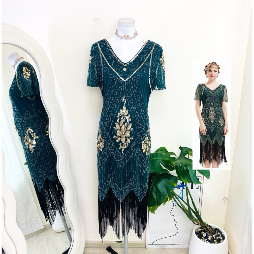 ไซด์ XL-3XL แบรนด์ JICAGOM แท้ 100%🌸แกสบี้ มีแขน เดรส Gatsby งานเกล็ดวิบวับ สีเขียว/ดำ ใส่ออกงาน ชุดราตรีแกสบี้