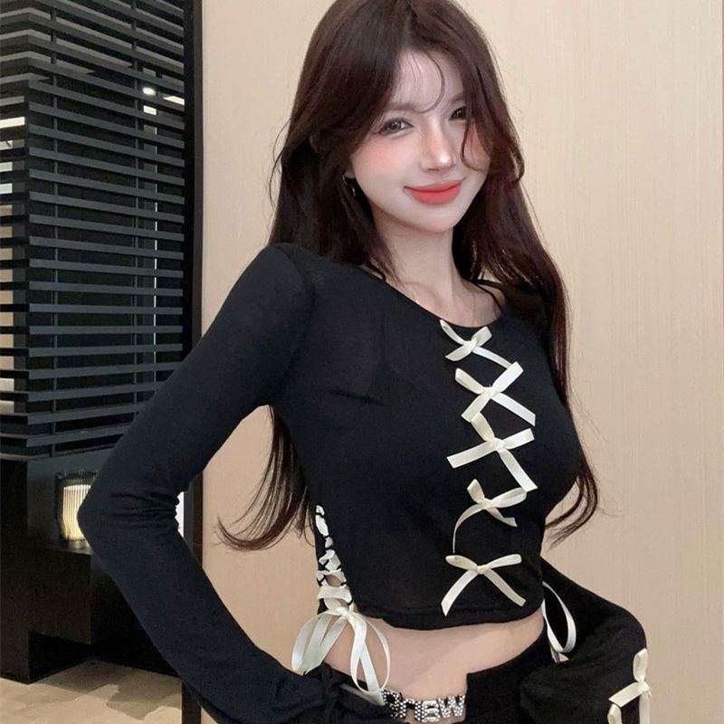 เสื้อครอป สีดำ ซีทรู โบว์หน้า ถักข้าง CN099
