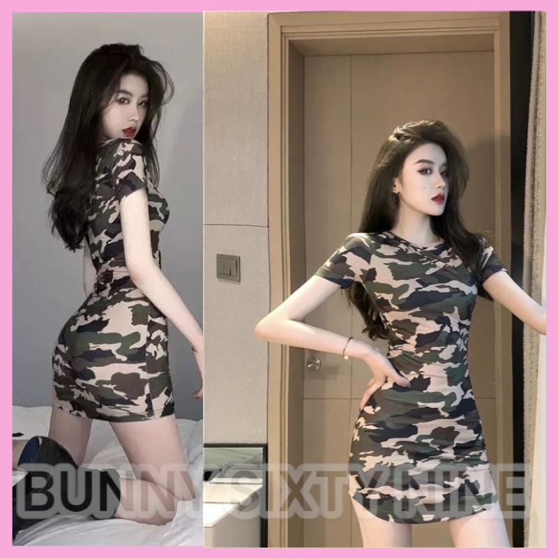 เดรสคอกลม ลายทหาร เซ็กซี่ CN8374 พร้อมส่งในไทย