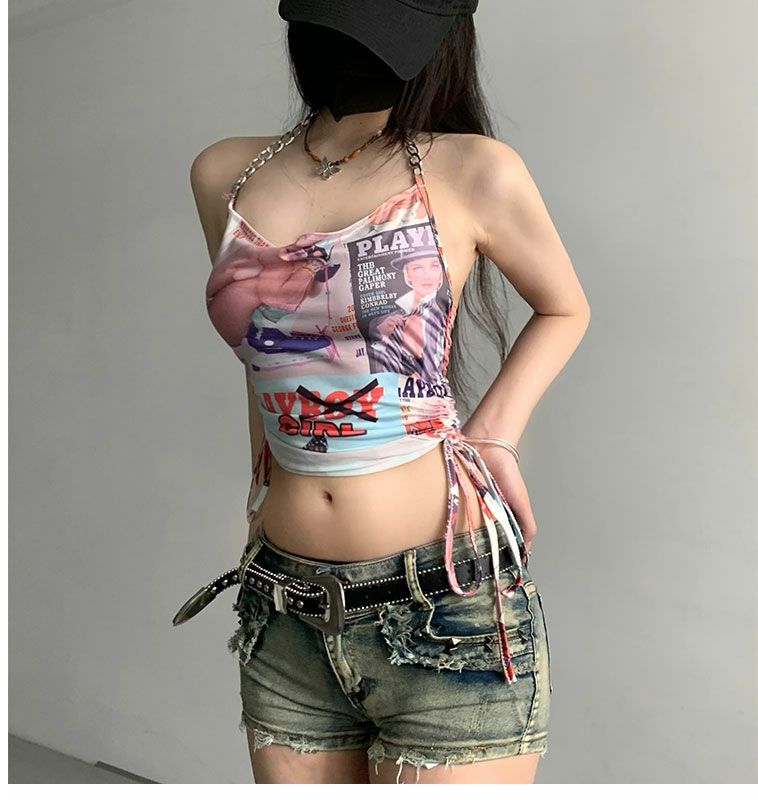 เสื้อครอป สายเดี่ยว วินเทจ รูดข้าง CN2592