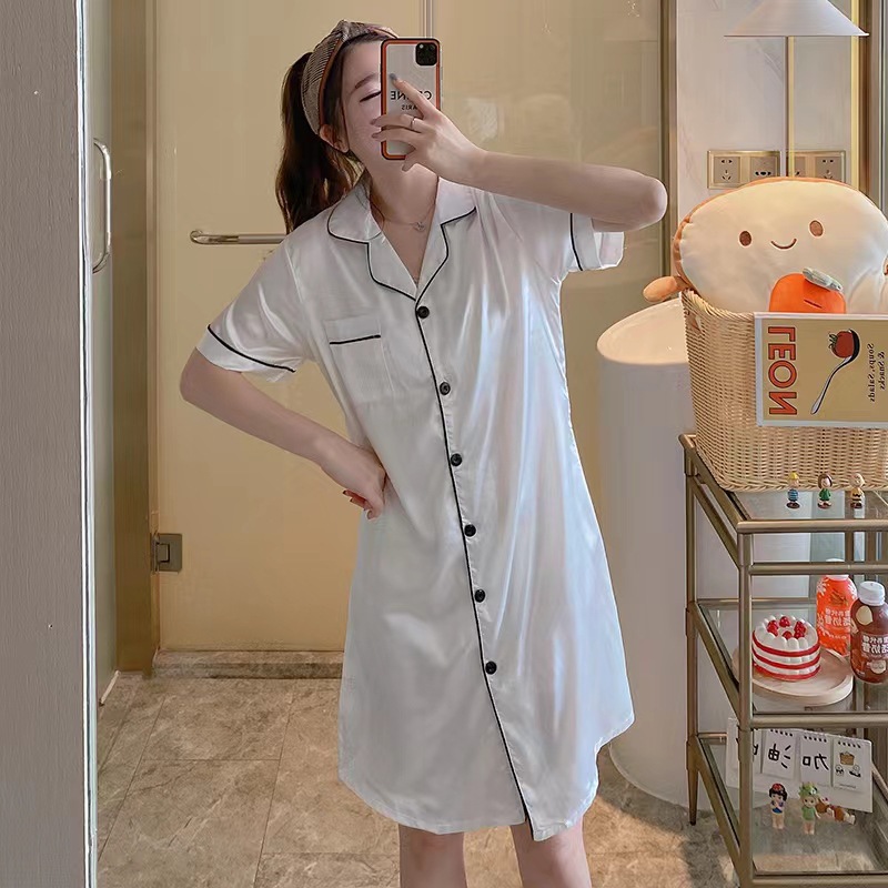 ชุดนอน แขนสั้น เดรสซาติน รหัส SL056