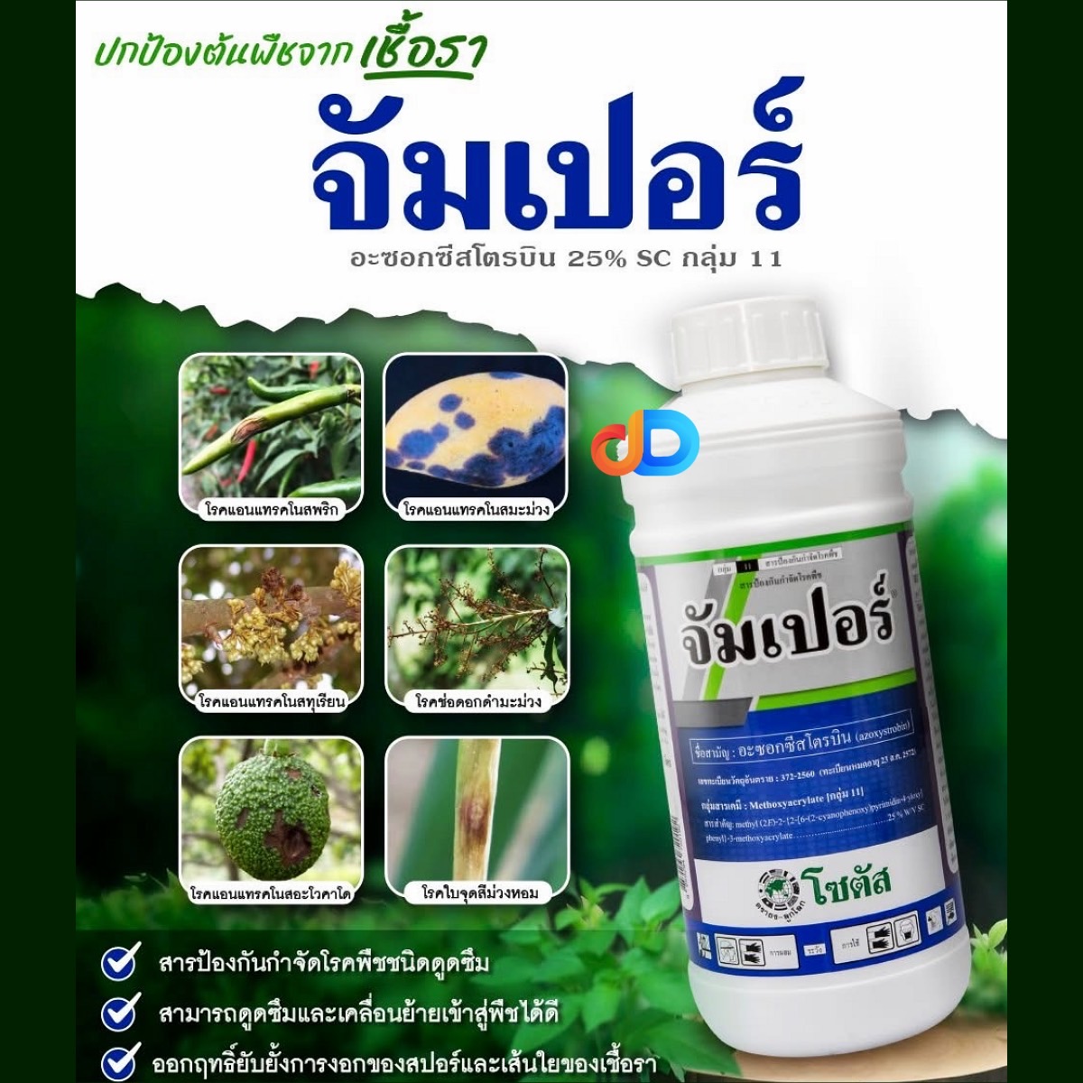 จัมเปอร์ อะซอกซีสโตรบิน25% สารป้องกันกำจัดโรคพืชชนิดดูดซึมออกฤทธิ์ยับยั้งการงอกของสปอร์ และเส้นใยของเชื้อรา