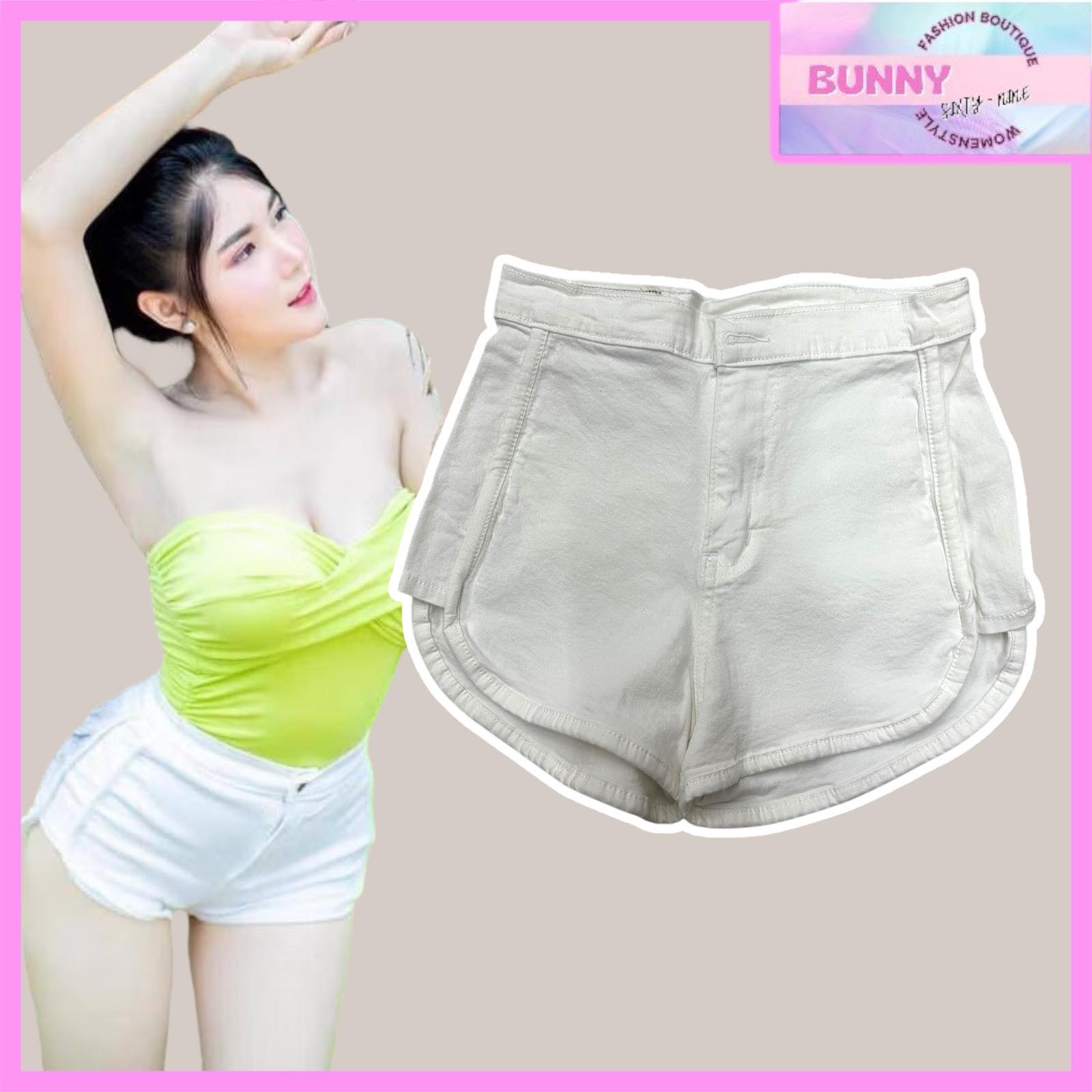 กางเกงยีนส์ขาสั้นเอวสูง ขากุ๊น พร้อมส่ง