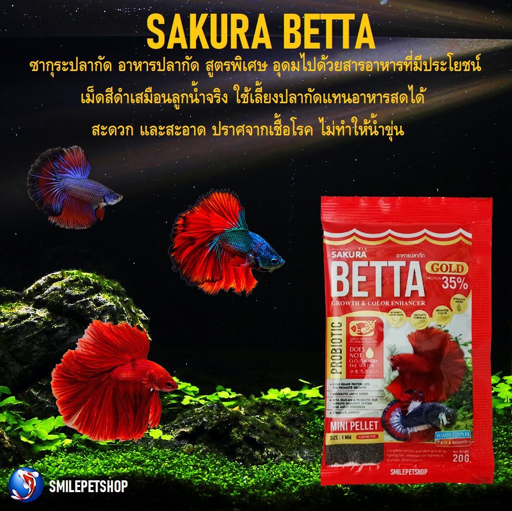 SAKURA ปลากัด 20 g.(อาหารปลากัด เร่งสี เร่งโต ป้องกันโรค น้ำไม่ขุ่น)