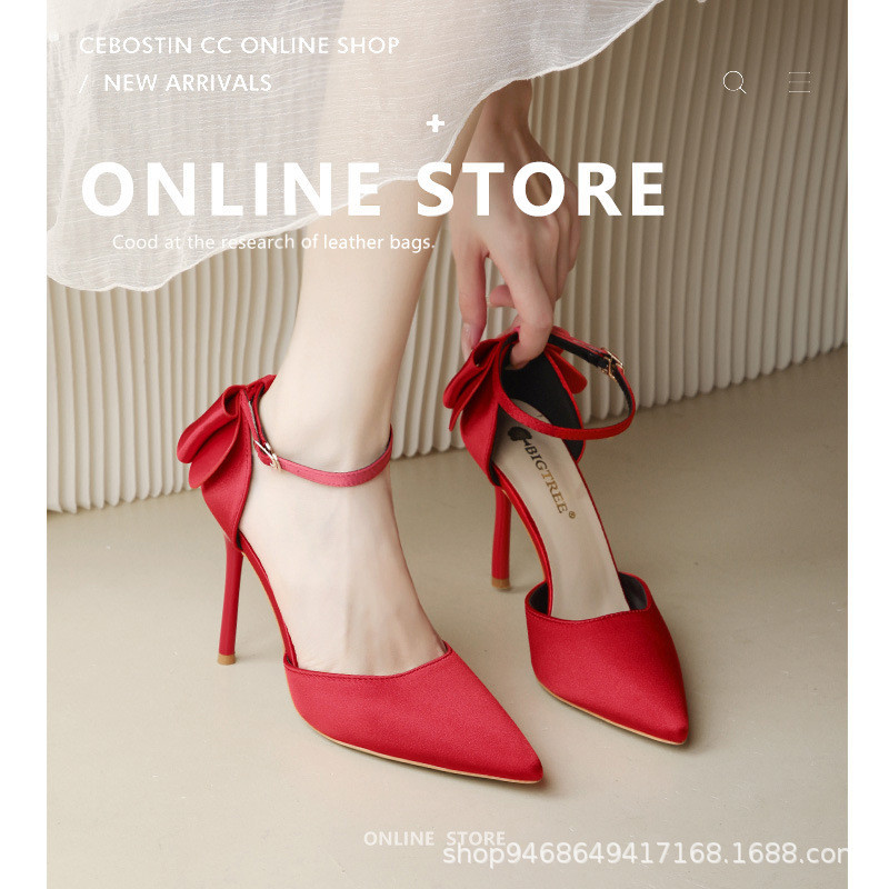 รองเท้าส้นสูง ผ้าเงา ส้นเข็ม แต่งโบว์หลัง สูง 4 นิ้ว SH1688