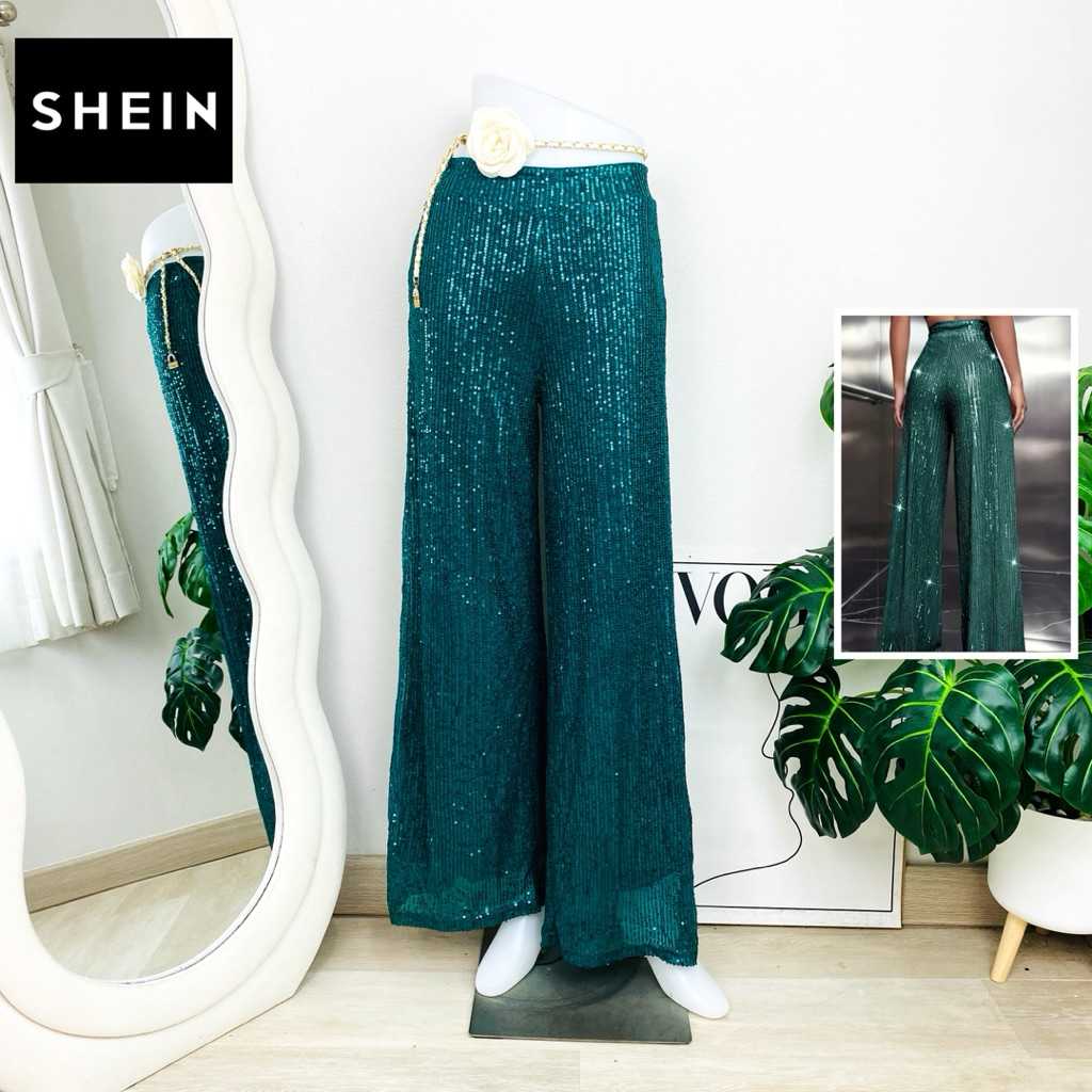 ไซด์ S-M มือ1 แบรนด์ Shein แท้ 100%🌸กางเกง ขากระบอกใหญ่ เอวสูง งานเกล็ดวิบวับ สีเขียว ใส่ออกงาน ชุดออกงาน ชุดปาร์ตี้