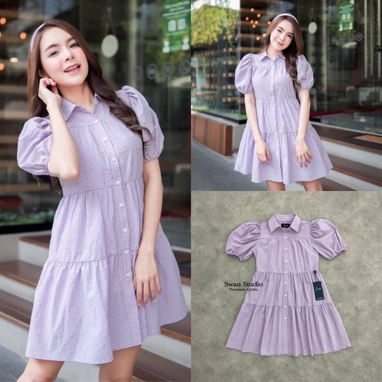 🌸 XS S 🌸SWAN เดรสทรง oversize พรางหุ่นใส่สบาย ตัดตับเป็นชั้นพร้อมจับจีบนิดๆ