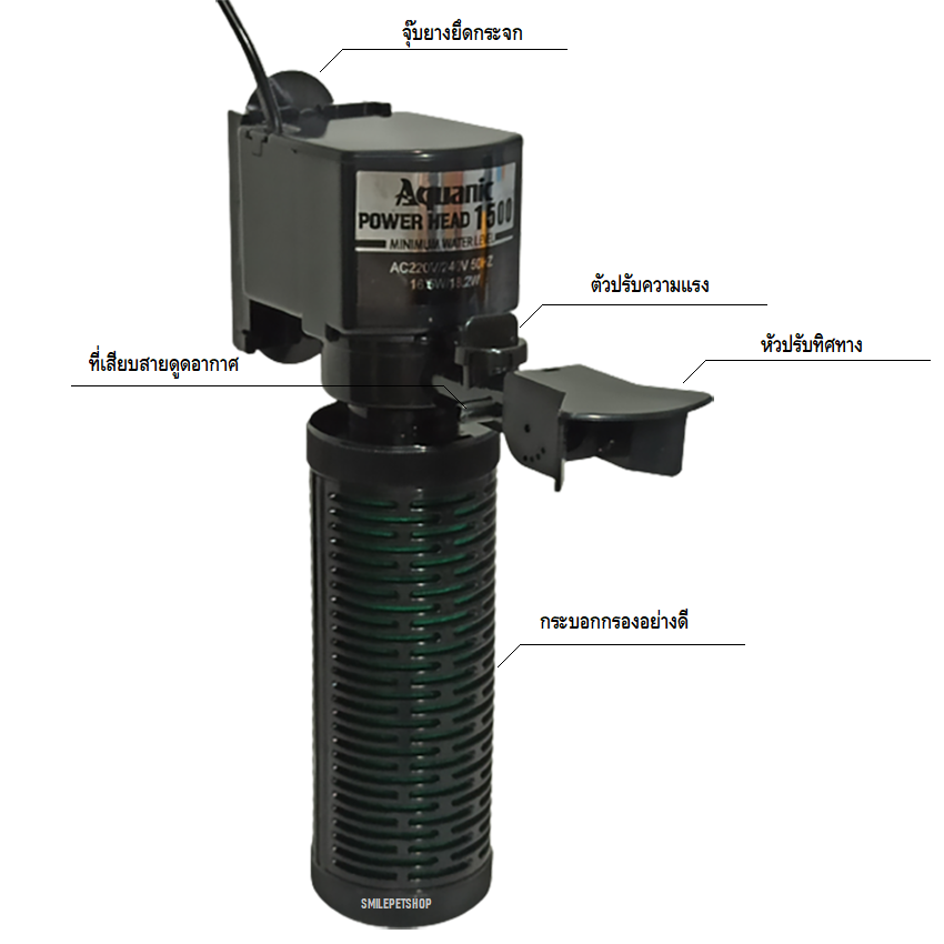 AQUANIC-1500(ปั๊มน้ำพร้อมกระบอกกรอง ช่วยกรองน้ำใส หมุนเวียนน้ำ เหมาะสำหรับตู้ปลา 30-48 นิ้ว ความแรง 1600 L/Hr)