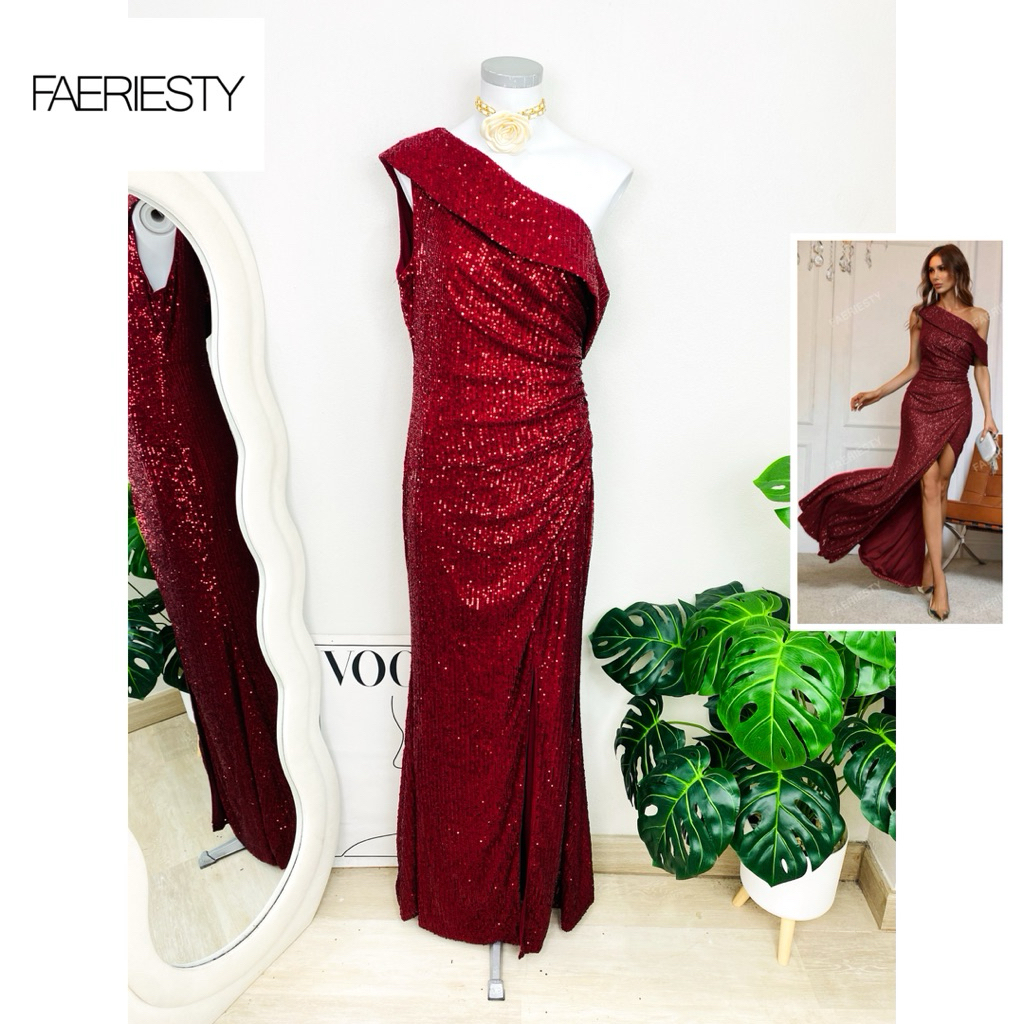 ไซด์ L แบรนด์ Faeriesty แท้100% 🌸Maxi dress เดรสยาว มีดีไซด์ งานเกล็ดวิบวับ สีแดง ทรงเข้ารูป เดรสออกงาน ชุดปาร์ตี้