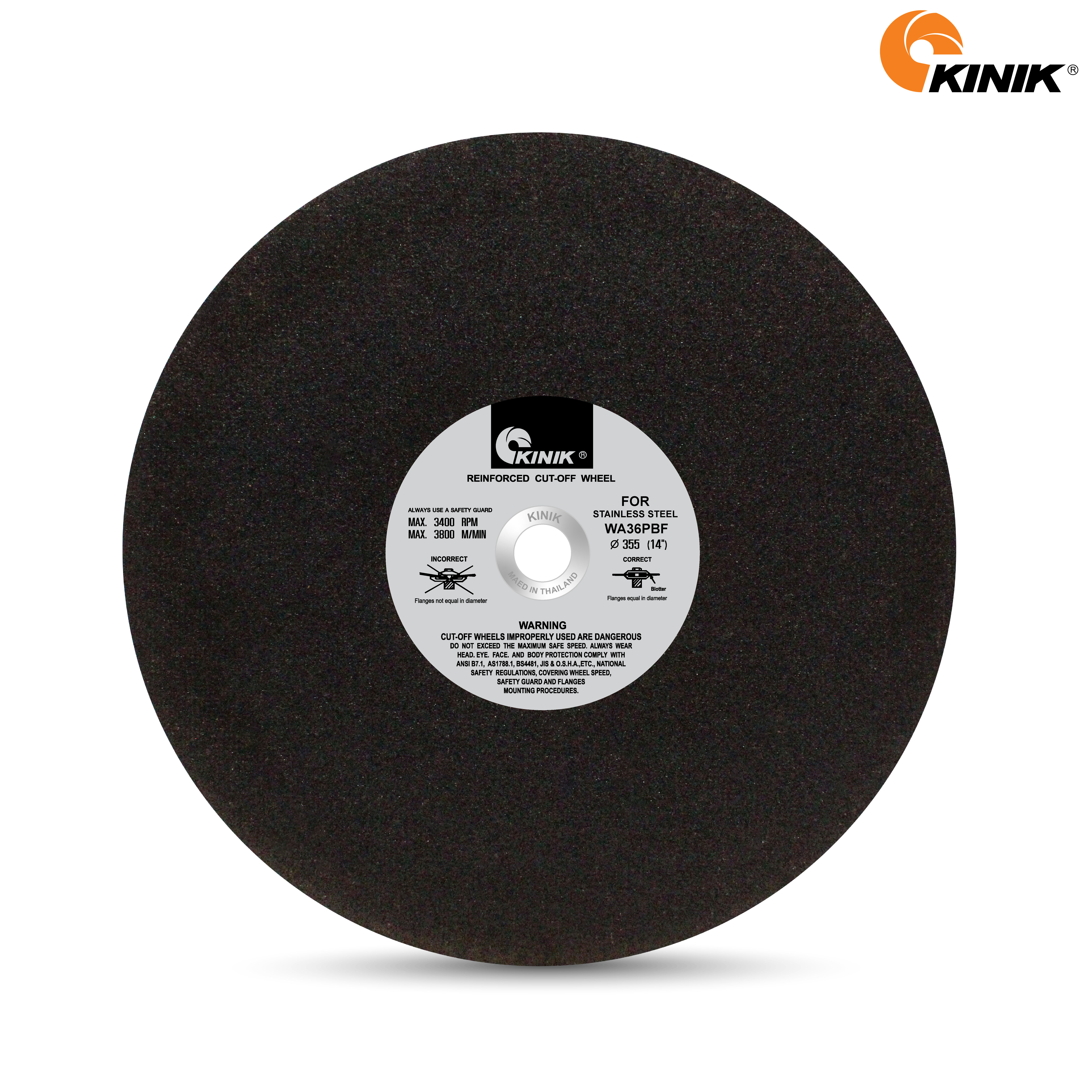 แผ่นตัดสเตนเลส KINIK WA36PBF30 355x3.2x25.4 mm.