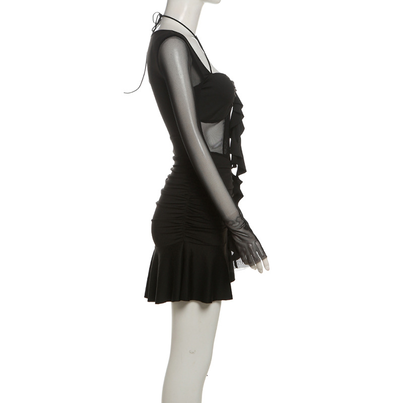 ชุดเดรส แขนยาวซีทรู สีดำ เดรสติดแกรม CN54643