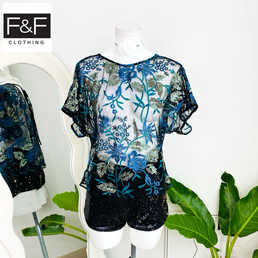 ไซด์ M แบรนด์ F&F แท้ 100%🌸เสื้อ ซีทรู ทรงครอป งานเกล็ดวิบวับ สีดำ ใส่ออกงาน ชุดออกงาน ชุดปาร์ตี้ วันเกิด