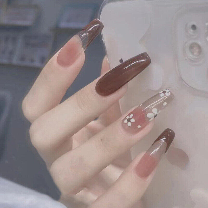 PPHOO✨# น้ำตาล ยาวกลาง เล็บปลอม กล่อง 24 ชิ้น