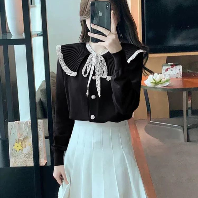 เสื้อไหมพรม สีดำ เสื้อแขนยาว สไตล์เกาหลี รหัส A341