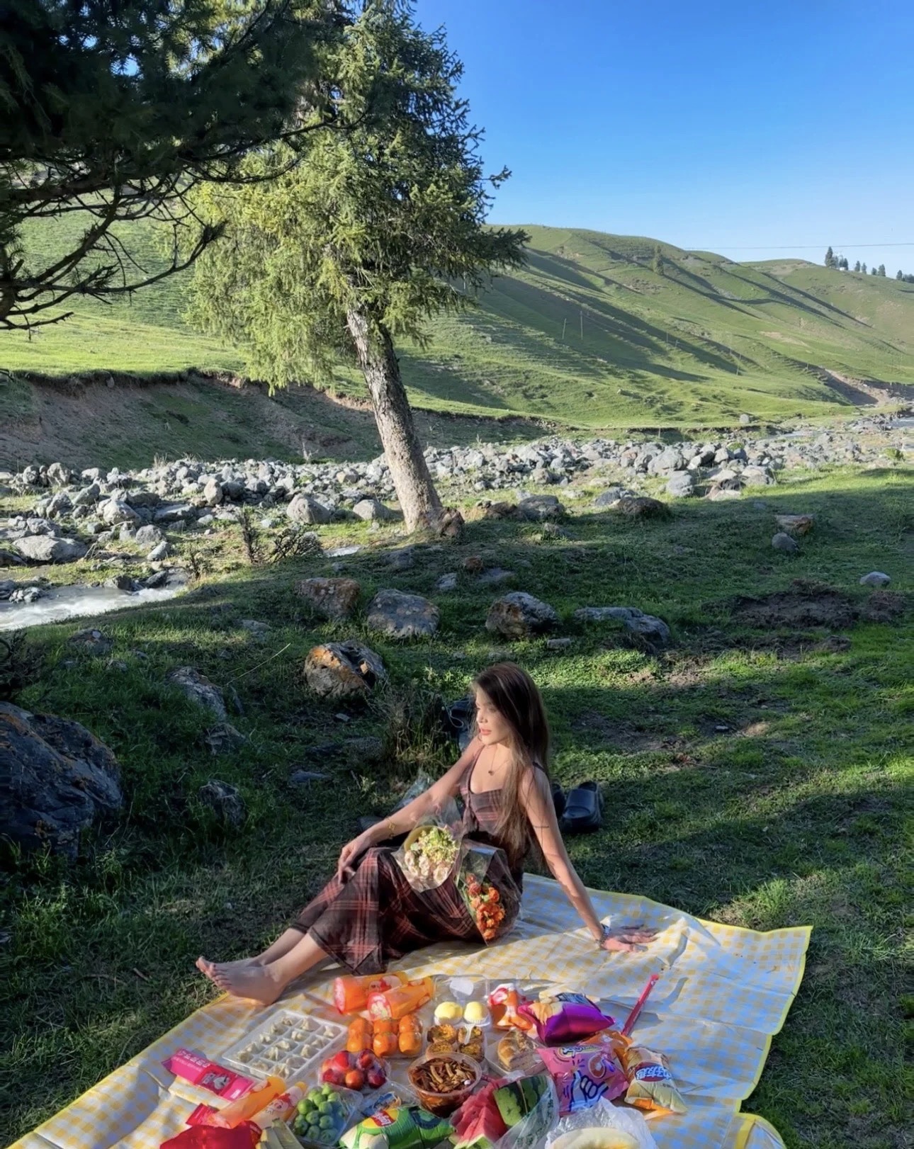 เดรสยาว สายเดี่ยว สก็อต เขียว-น้ำตาล รหัส CN2536