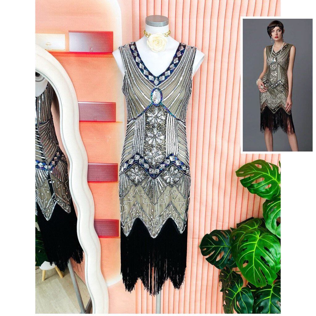 ไซด์ S made in USA.🌸แกสบี้ เดรส Gatsby งานเกล็ดวิบวับ สีเทา ใส่ออกงาน ชุดราตรีแกสบี้ ชุดปาร์ตี้(t)