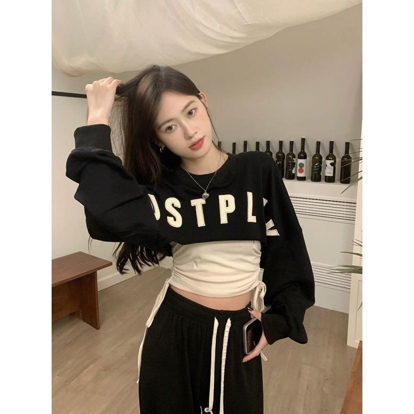(พร้อมส่ง) เสื้อแขนยาว เสื้อครอป แขนยาว Crop top ตัดครึ่ง เอวลอย JUSTPLAY CN2151