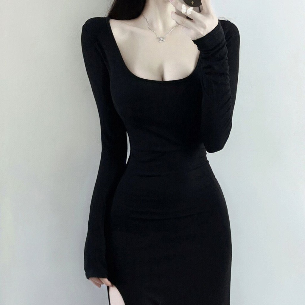 เดรสแหวกข้าง เดรสรัดรูป เดรสแขนยาว CN2230