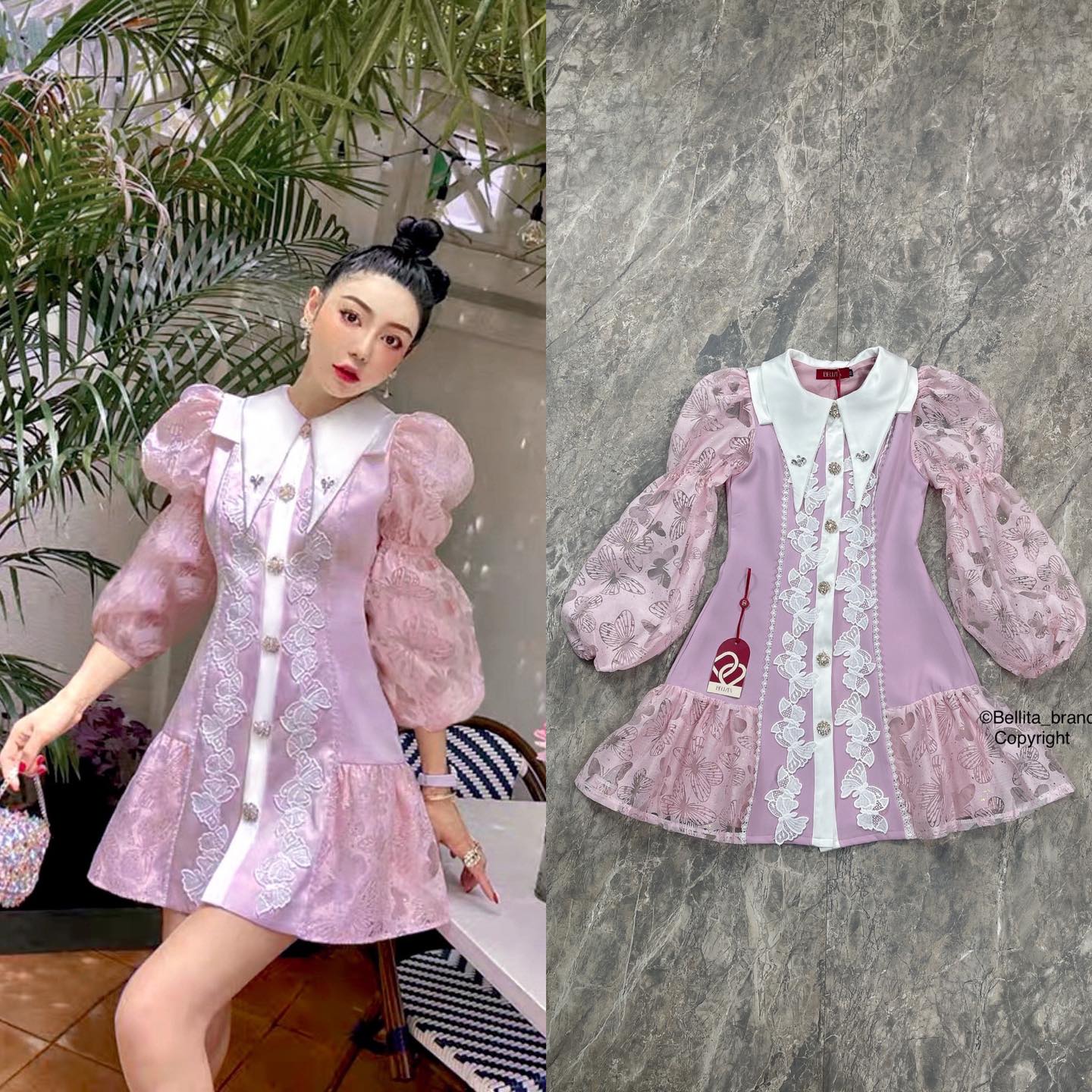 🍒 XS 🍒 ป้าย Bellita มินิเดรสสีชมพูหวานละมุนตุ้น แขนยาวพองสองชั้น