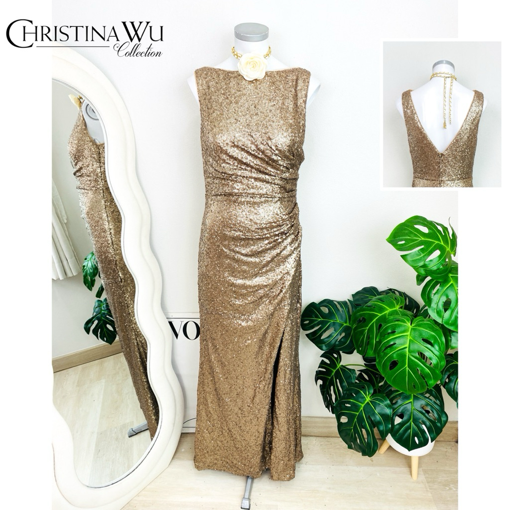 ไซด์ S-M แบรนด์ Christina แท้ 100%🌸Maxi dress เดรส โชว์หลัง งานเกล็ดวิบวับ สีคอปเปอร์ ใส่ออกงาน เดรสออกงาน ชุดปาร์ตี้