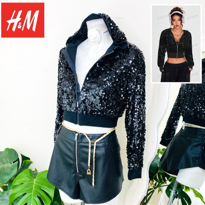 ไซด์ S แบรนด์ H&N แท้ 100%🌸แจ็คเก็ต ทรงครอป Jackets เบสบอล เสื้อคาร์ดิแกน งานเกล็ดวิบวับ สีดำสนิท ใส่ออกงาน