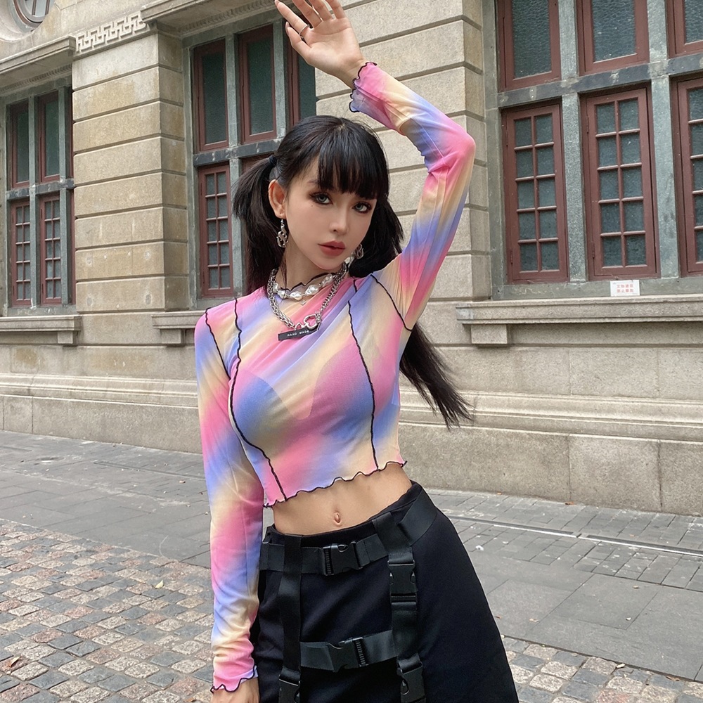 เสื้อครอป แขนยาว ซีทรู พาสเทล รหัส EDM002