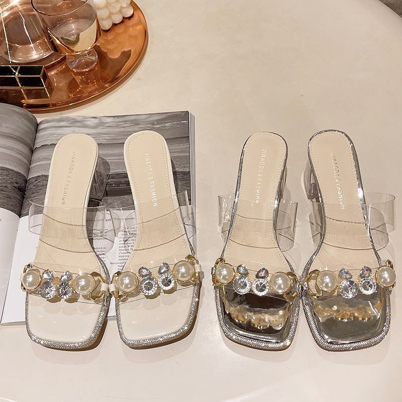 รองเท้าส้นสูง สีเบจ แบบสวมสายใส ส้นแก้ว สูง 2 นิ้ว SH918