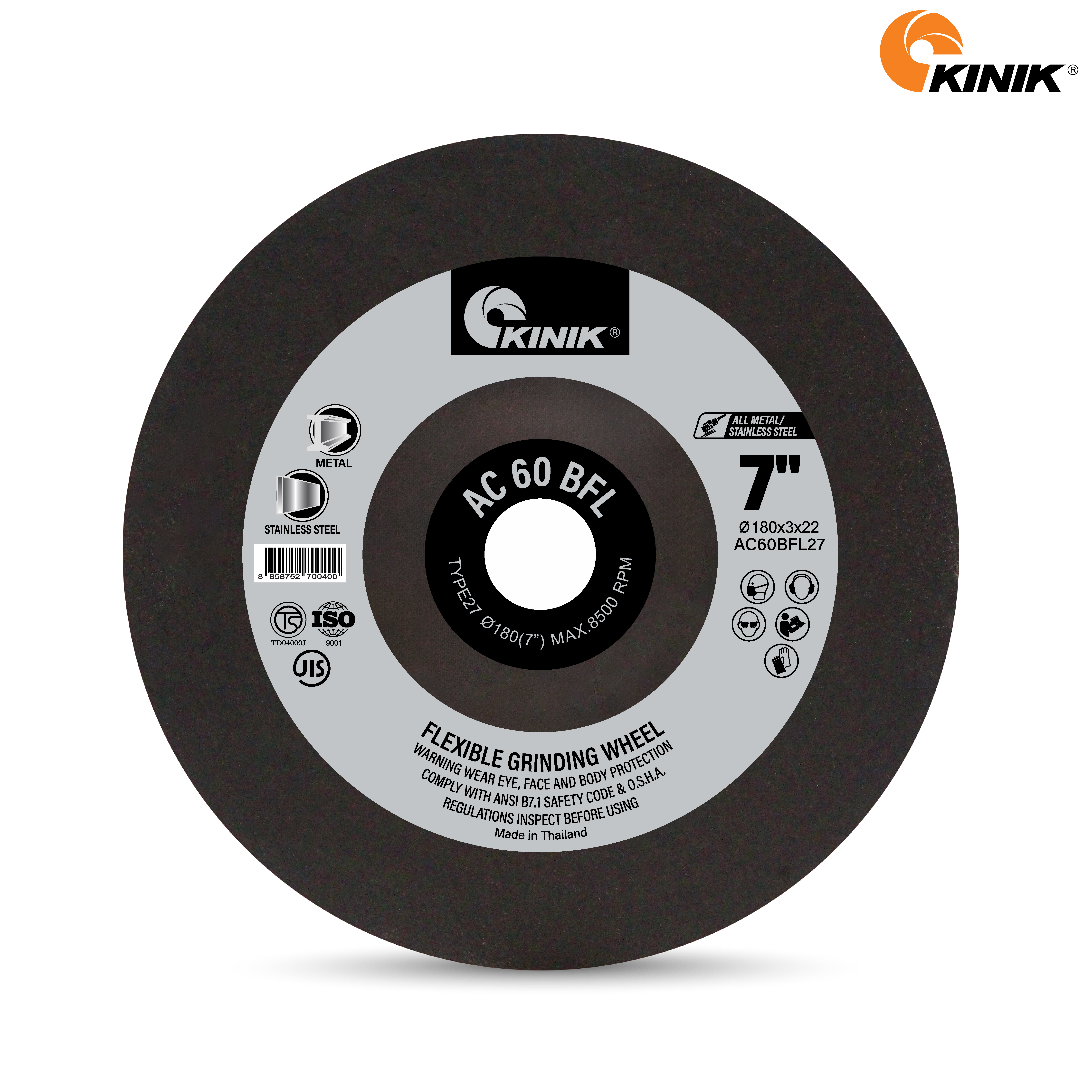 แผ่นเจียรอ่อนตัว KINIK AC60BFL27 180x3x22 mm.