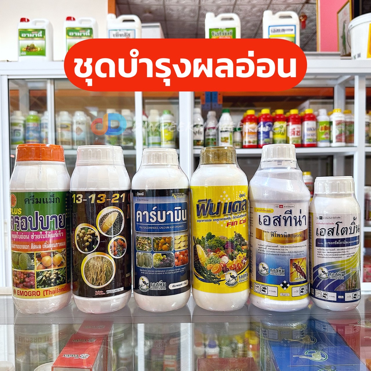 ชุดบำรุงผลอ่อน ปุ๋ยน้ำ เชื้อรา ฆ่าแมลง ฮอร์โมนแบบครบชุด เอสทีม & อีโม่โกร