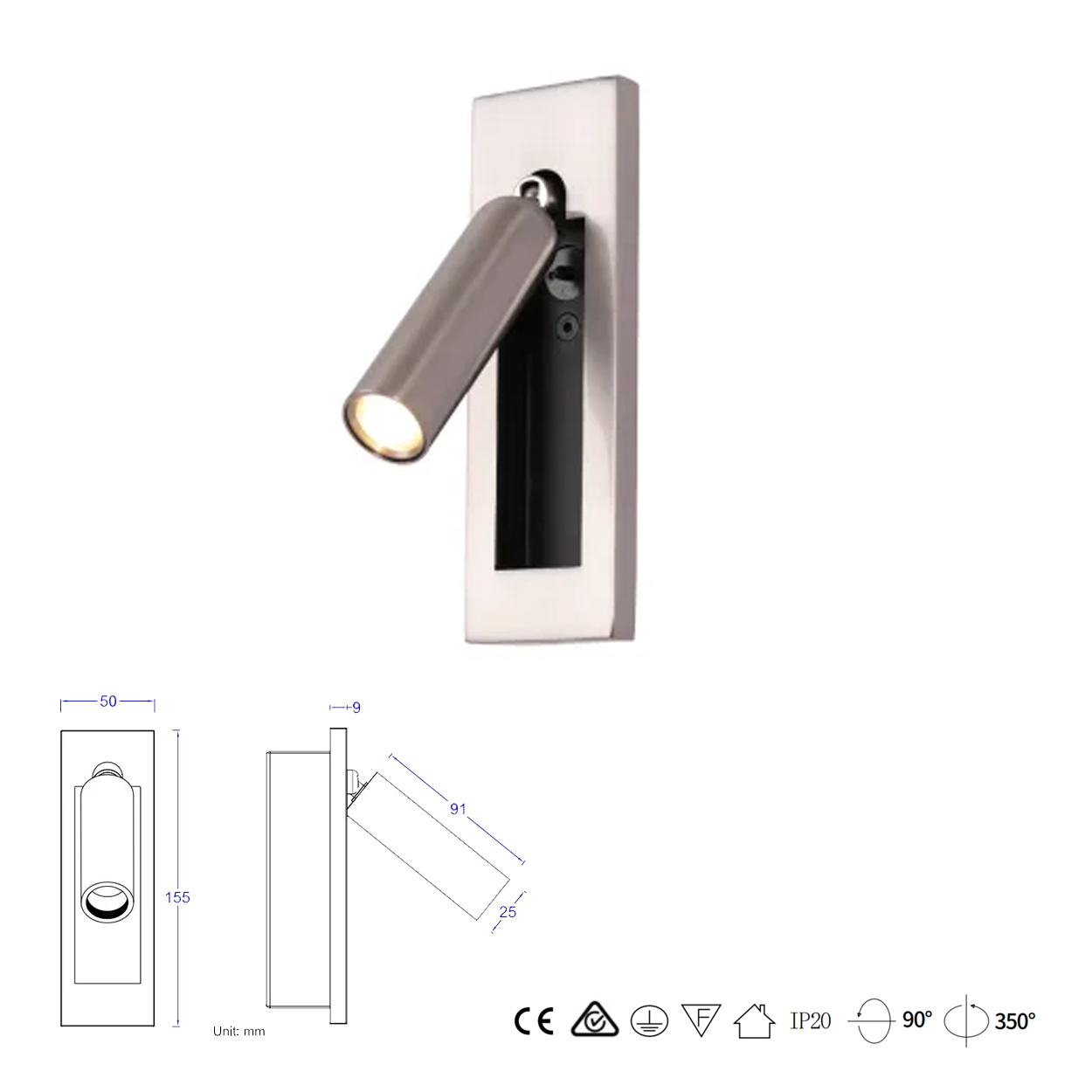 โคมไฟอ่านหนังสือติดผนัง Wall Reading Lamp Metal + Aluminum (KP006)