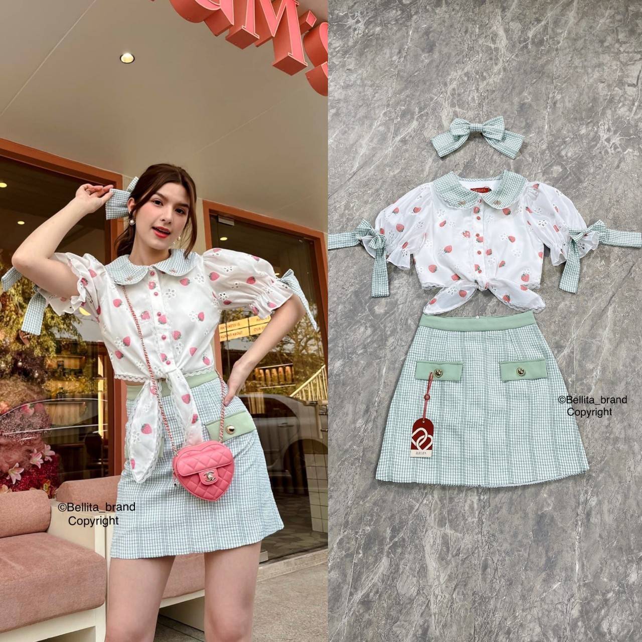 🍒S M 🍒 ป้าย Bellita เสื้อครอปแขนตุ๊กตากับกระโปรงเอวสูงสีมิ้น และมีโบติดผม