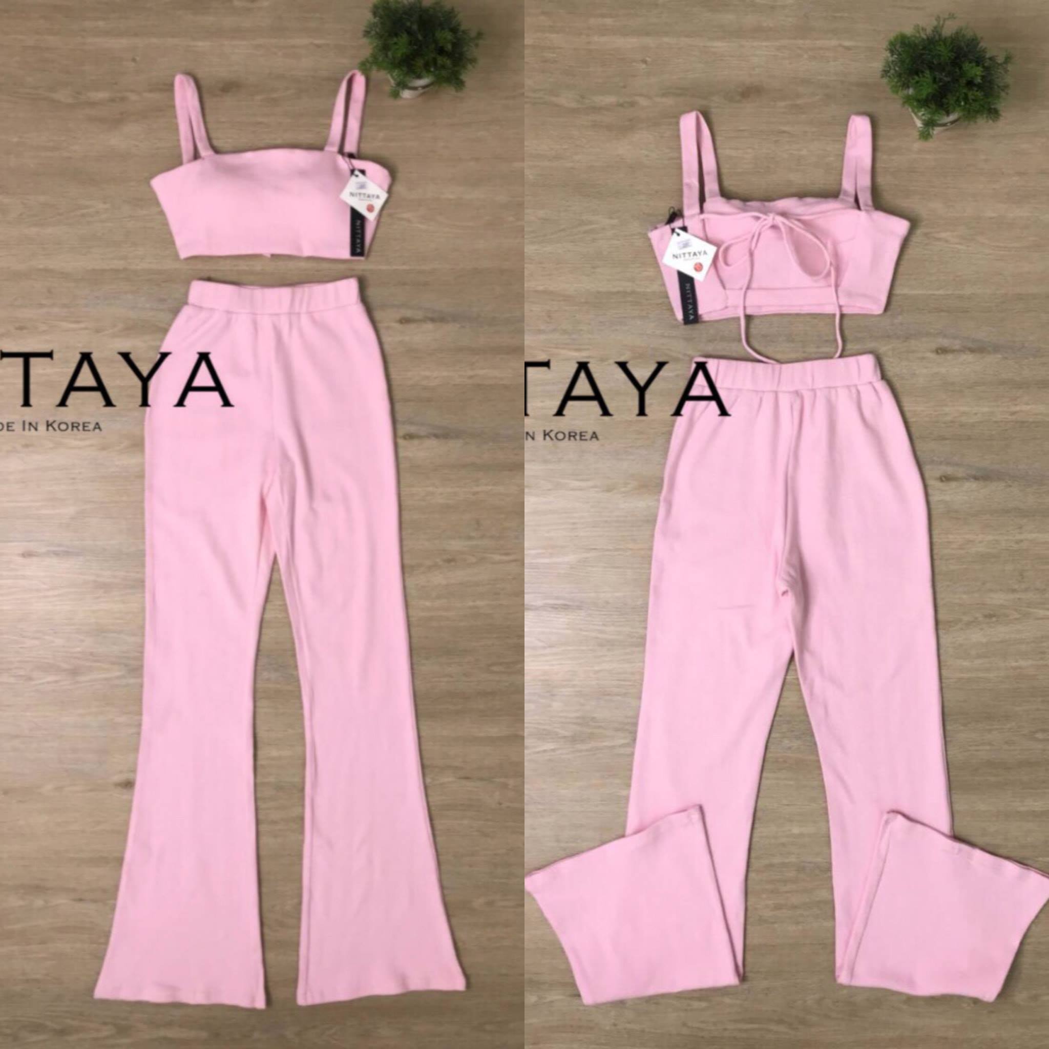เสื้อครอปสายตะเกียบ + กางเกงขายาว