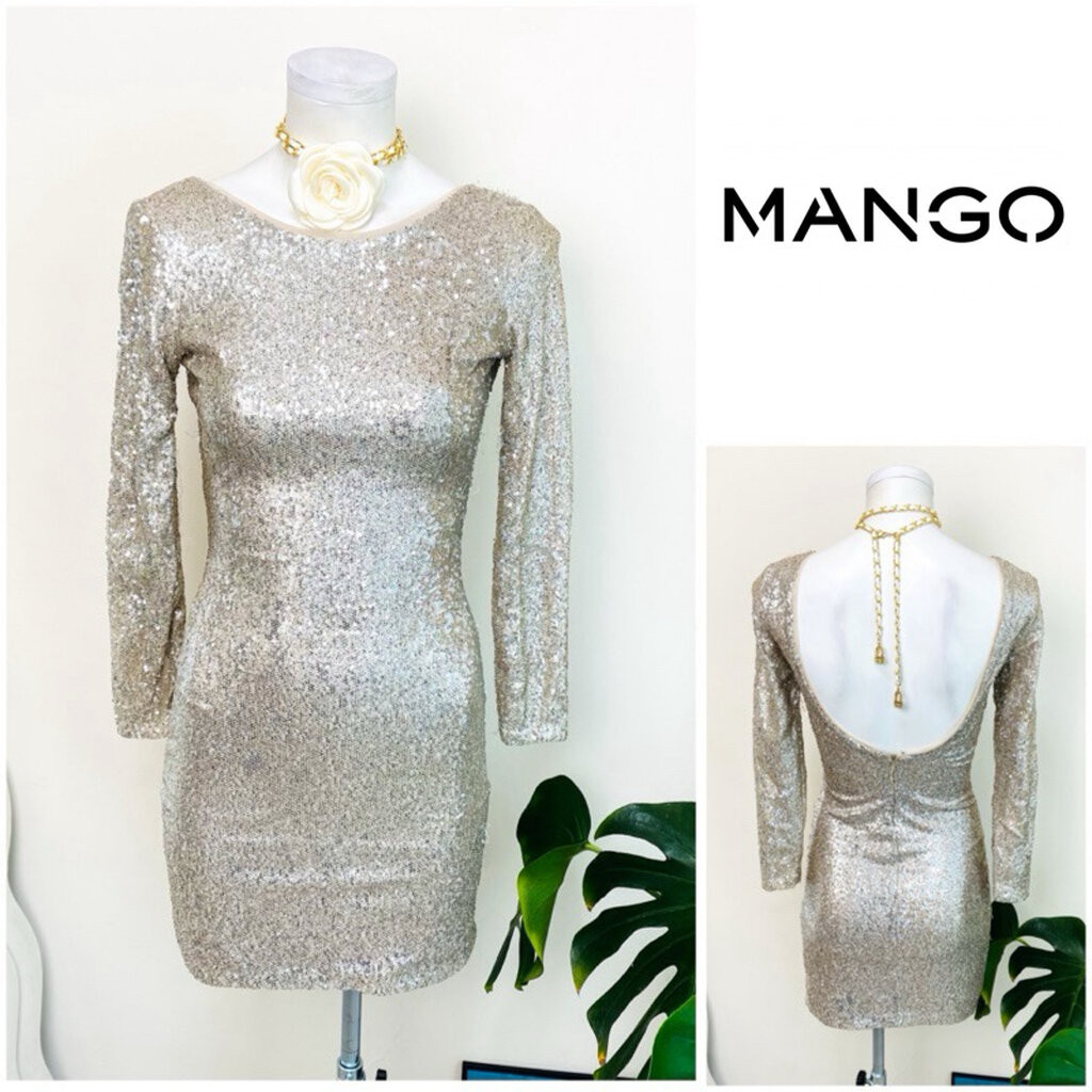ไซด์ XS แบรนด์ Mango แท้ 100%🌸เดรสงานเกล็ดวิบวับ สีเงิน ใส่ออกงาน ทรงเข้ารูป เดรสออกงาน ชุดปาร์ตี้(166)
