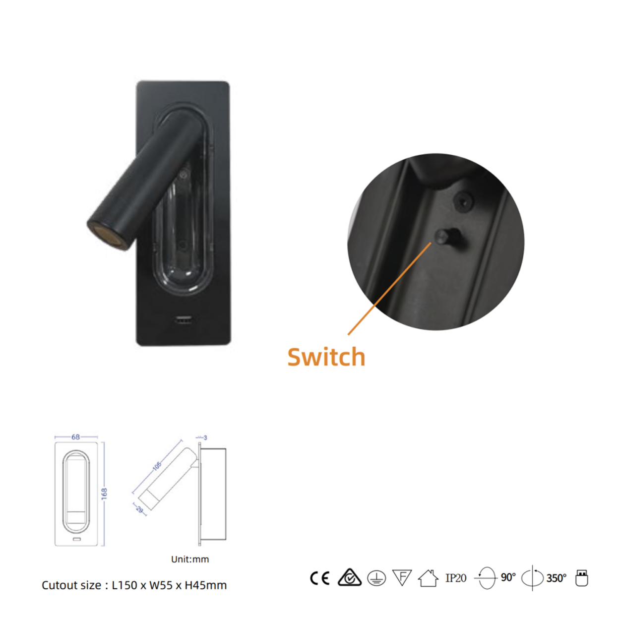 โคมไฟอ่านหนังสือติดผนัง Wall Reading Lamp Metal + Aluminium LED Cree 3W IP20 (KP041)