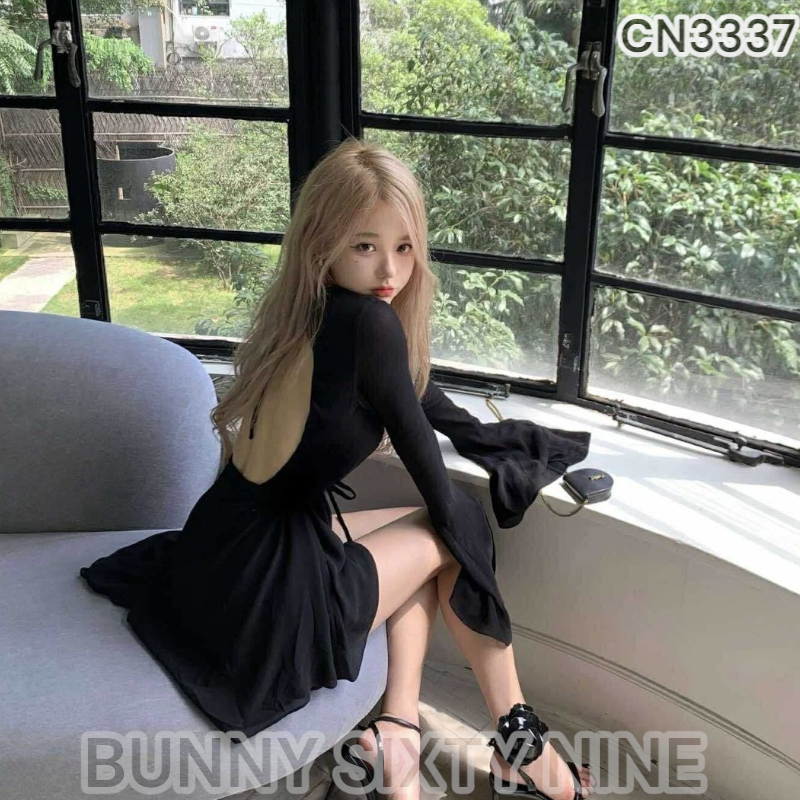 เดรสดำ โชว์หลัง ผ้าชีฟอง ท่อนบนซีทรู รหัส CN3337