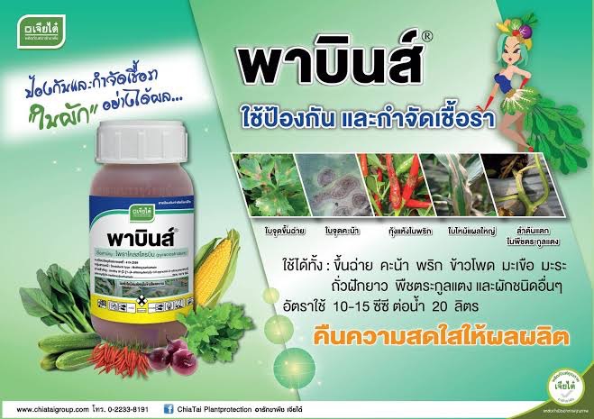 พาบินส์ : ไพราโคลสโตรบิน ขนาด 250 ซีซี ป้องกันกำจัดโรคพืชได้เช่น โรคกุ้งแห้งในพริก, โรคใบติดในทุเรียน, ในพืชตระกูลแตง