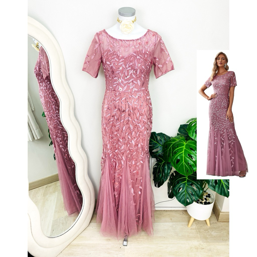 ไซด์ S made in USA. 🌸Maxi dress เดรสยาว เดรสงานแต่ง งานเกล็ดวิบวับ สีชมพู ทรงเข้ารูป เดรสออกงาน ชุดปาร์ตี้