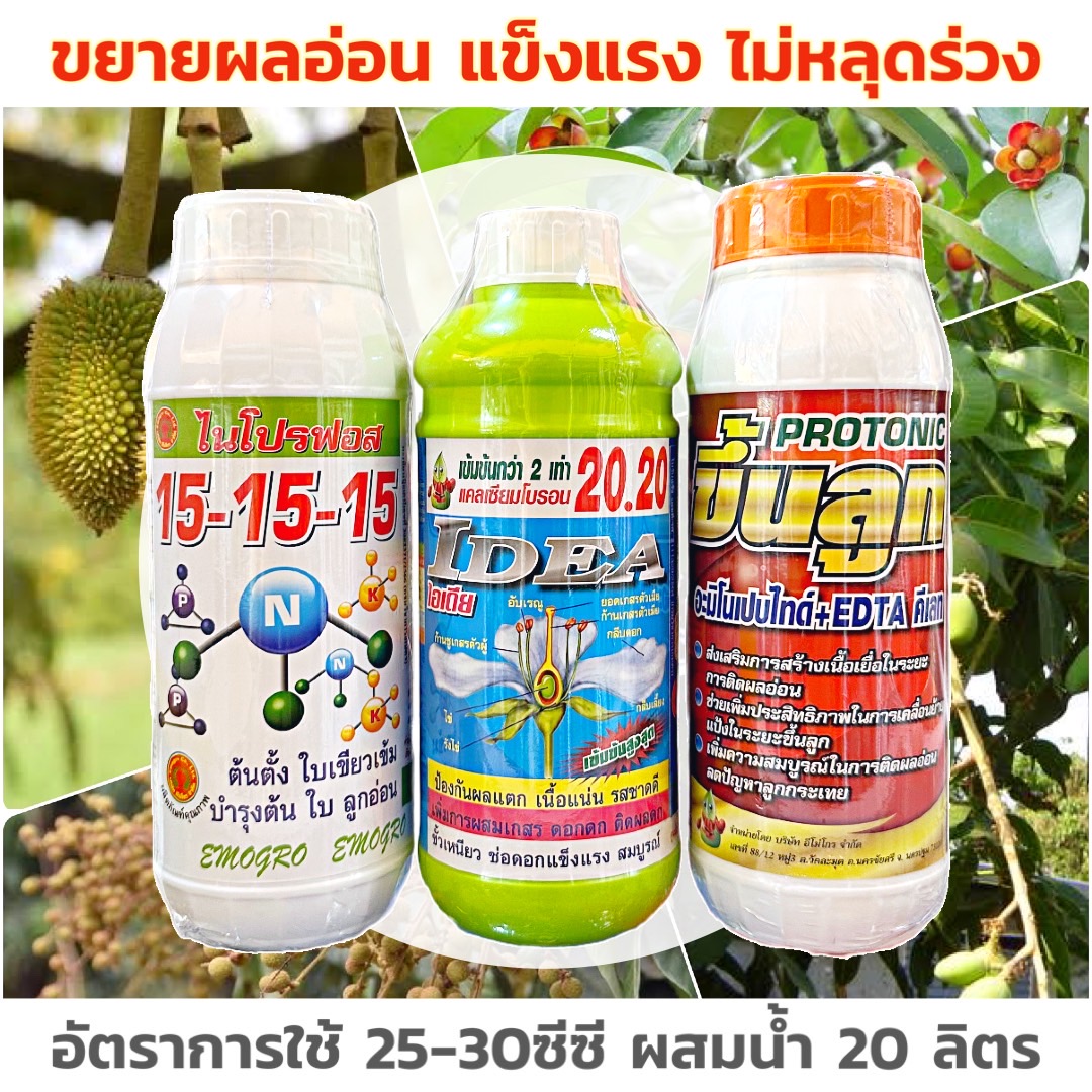 ชุดขยายผลอ่อน เเข็งแรง ไม่ร่วง ขนาด 1 ลิตร ปุ๋ยน้ำ ไนโปรฟอส 15-15-15-โปรโตรนิก ขึ้นลูก-ไอเดียแคลเซียม-โบรอน 20.20