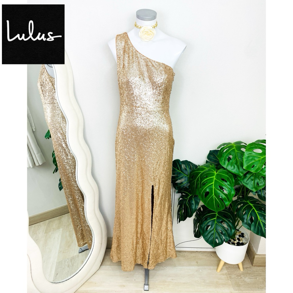 ไซด์ M แบรนด์ Lulus แท้100% 🌸Maxi dress เดรสยาว ไหล่เดี่ยว งานเกล็ดวิบวับ สีโรสโกล ทรงเข้ารูป เดรสออกงาน ชุดปาร์ตี้