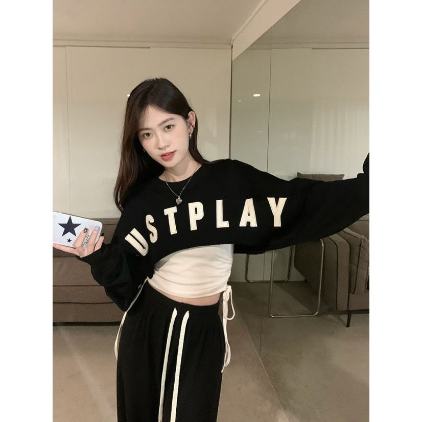 (พร้อมส่ง) เสื้อแขนยาว เสื้อครอป แขนยาว Crop top ตัดครึ่ง เอวลอย JUSTPLAY CN2151